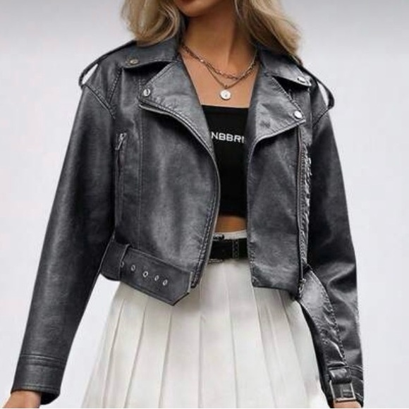Luxe Vegan Leather Zip up Cropped Moto Biker Jacket
